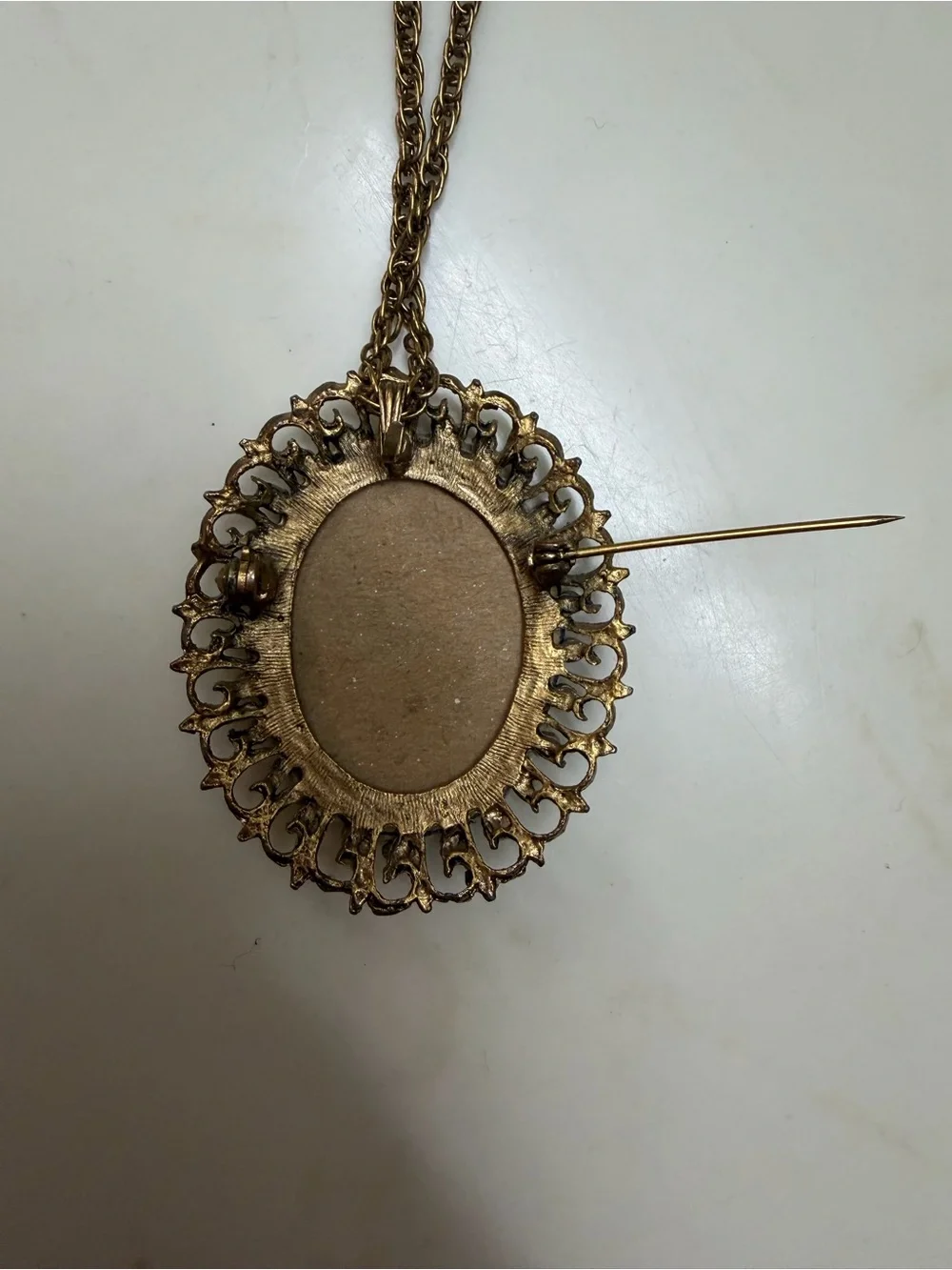 Vintage Hand Embroidered Needlepoint Brooch Pendant Necklace Gold Tone Filigree